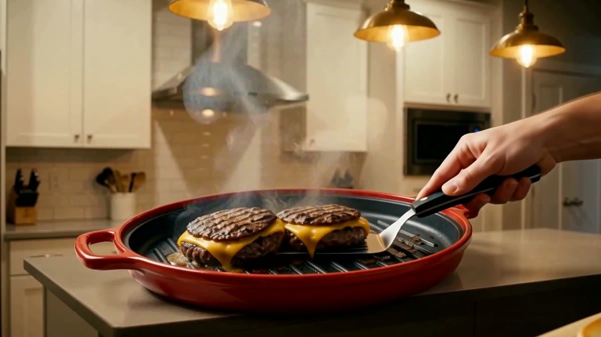 Cooking with the red grill pan in a small kitchen