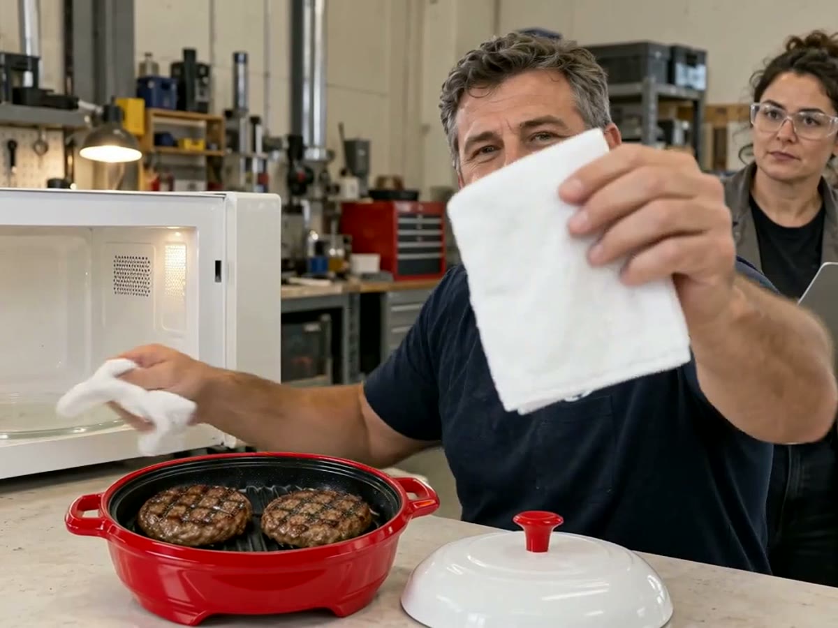 Easy nonstick cleanup on the red microwave grill pan