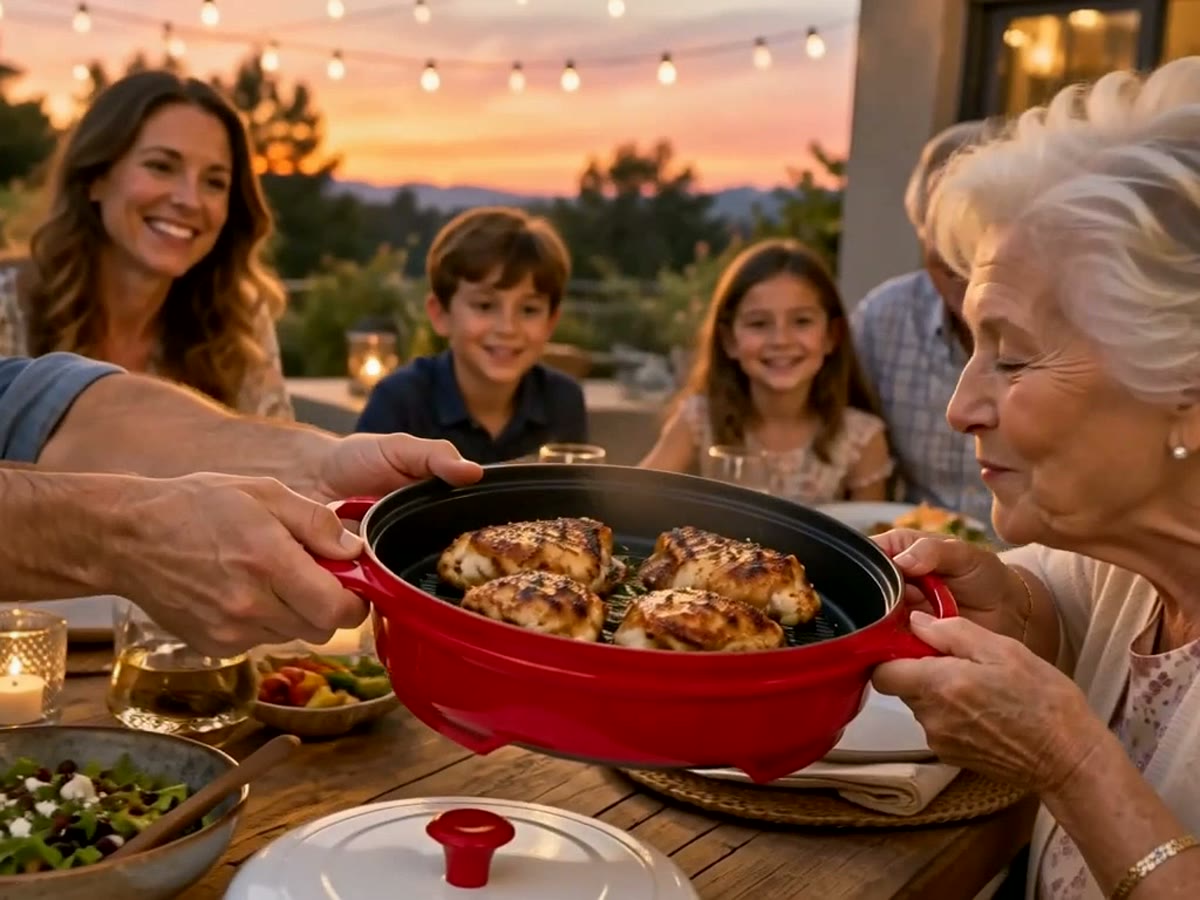 Family gathered around the dinner table with the red grill pan
