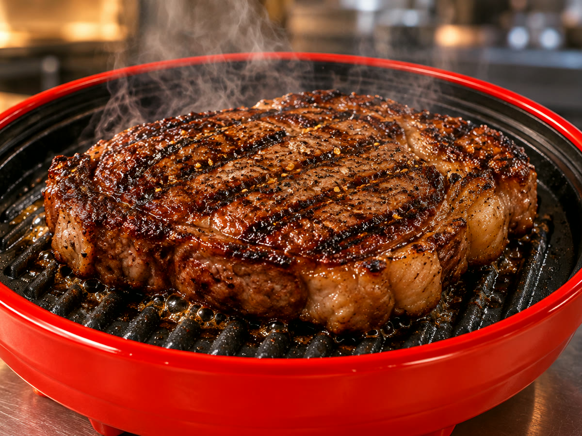 Food sizzling with real grill marks in the red microwave grill pan