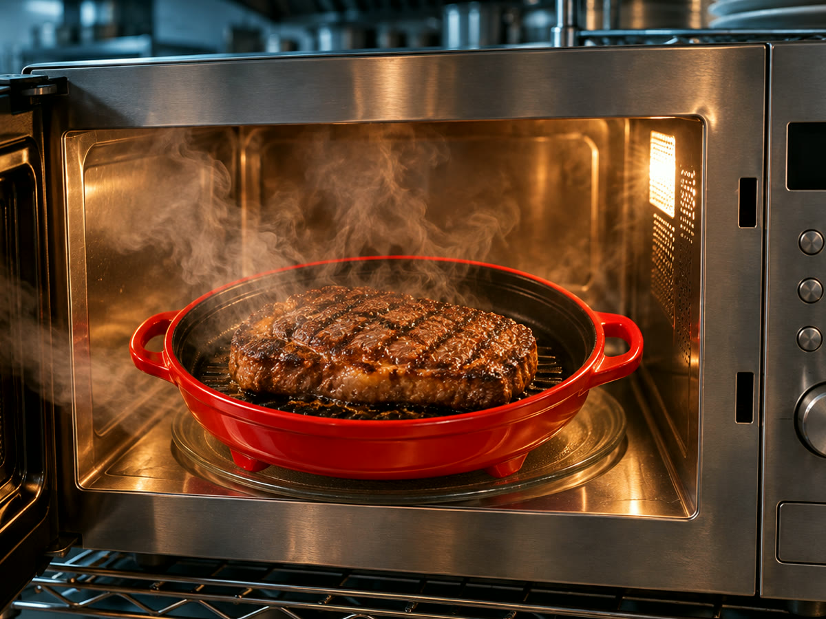 The red grill pan inside an open microwave with steam rising