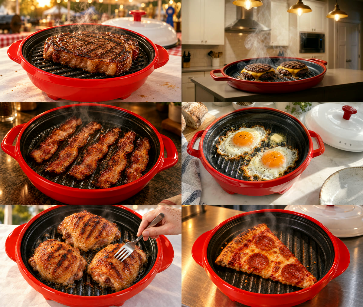 Six meals cooked in the red microwave grill pan
