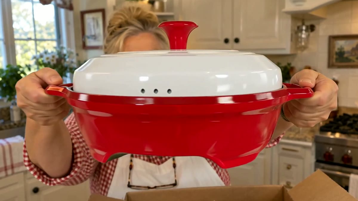 The red microwave grill pan with sizzling food