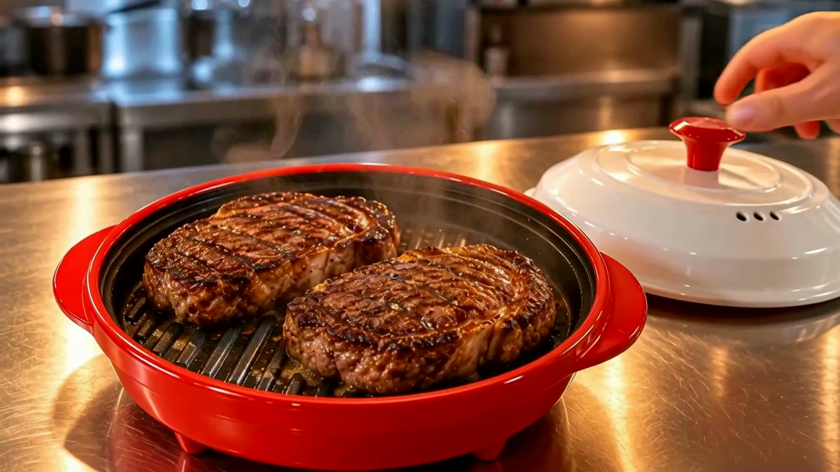 Golden seared food cooked in the red grill pan